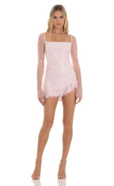 Sequin Long Sleeve Dress in Pink