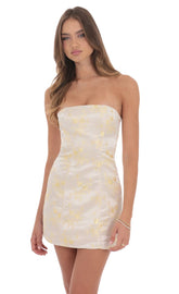 Satin Jacquard Strapless Dress in Champagne
