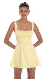 Satin Embroidered Fit and Flare Dress in Yellow