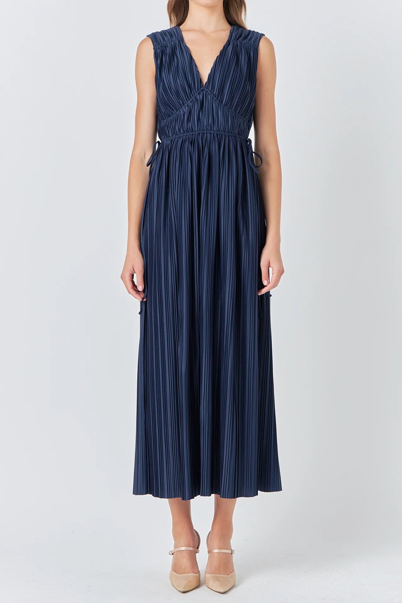 Pleated Straps Detail Midi Dress