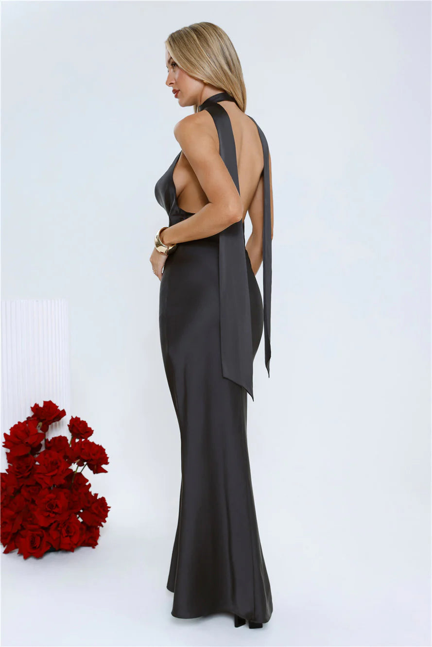 VIP Energy Satin Scarf Halter Maxi Dress Black